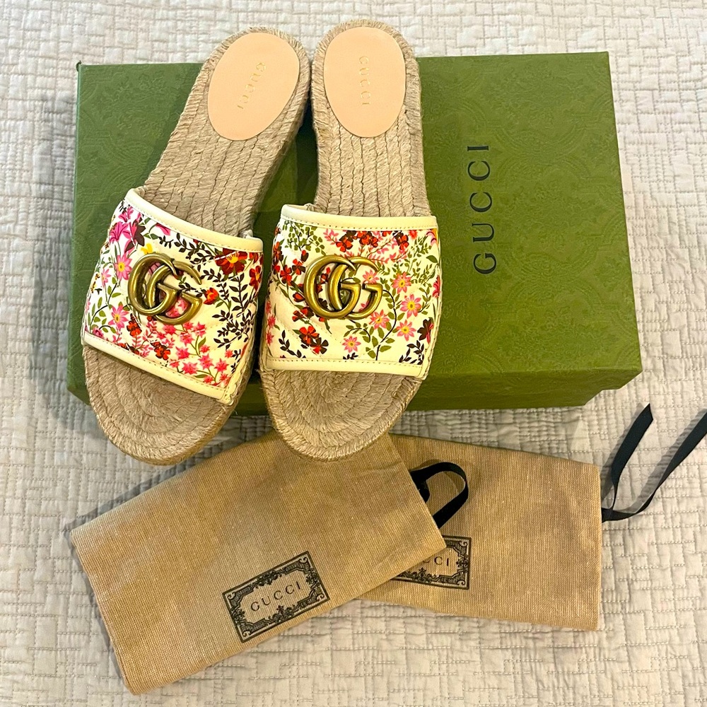 Gucci Pilar GG Floral Espadrille Sandals, Size 38